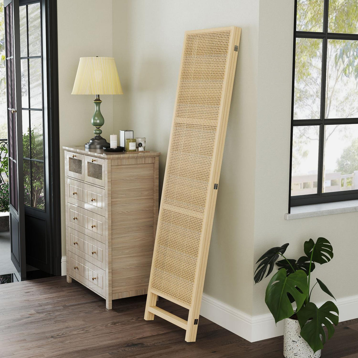 Screen 3-part 135 x 180 cm partition room divider made of PP rattan, foldable room divider, privacy screen for living room, natural