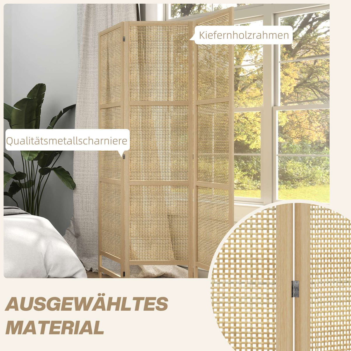 Screen 3-part 135 x 180 cm partition room divider made of PP rattan, foldable room divider, privacy screen for living room, natural