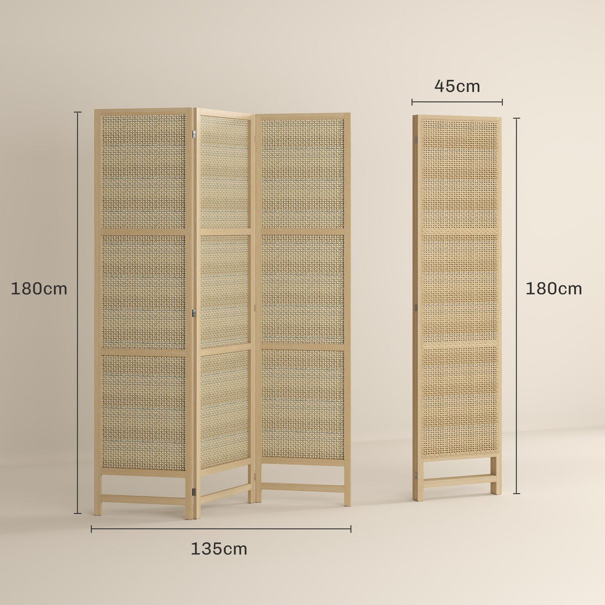 Screen 3-part 135 x 180 cm partition room divider made of PP rattan, foldable room divider, privacy screen for living room, natural