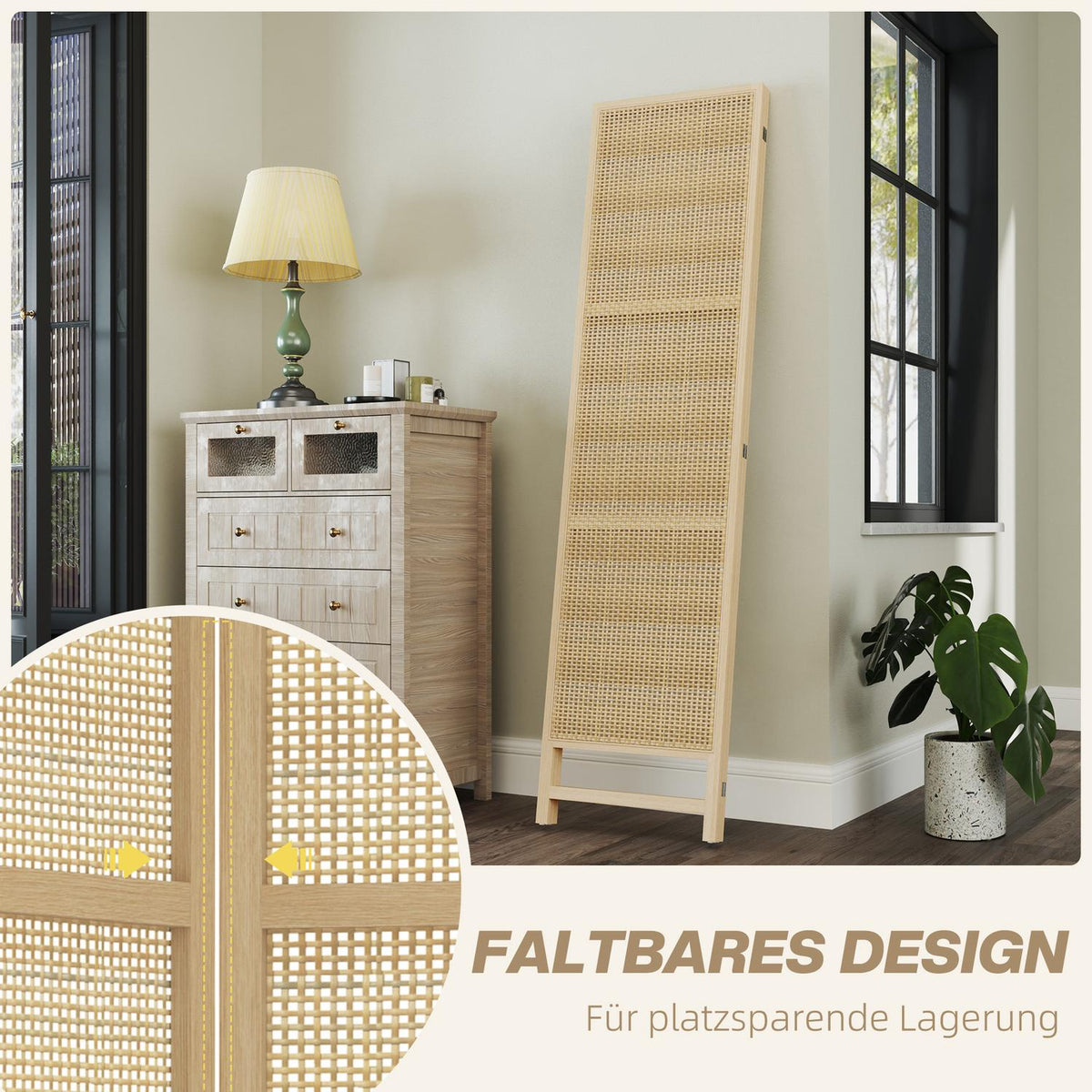 Screen 3-part 135 x 180 cm partition room divider made of PP rattan, foldable room divider, privacy screen for living room, natural