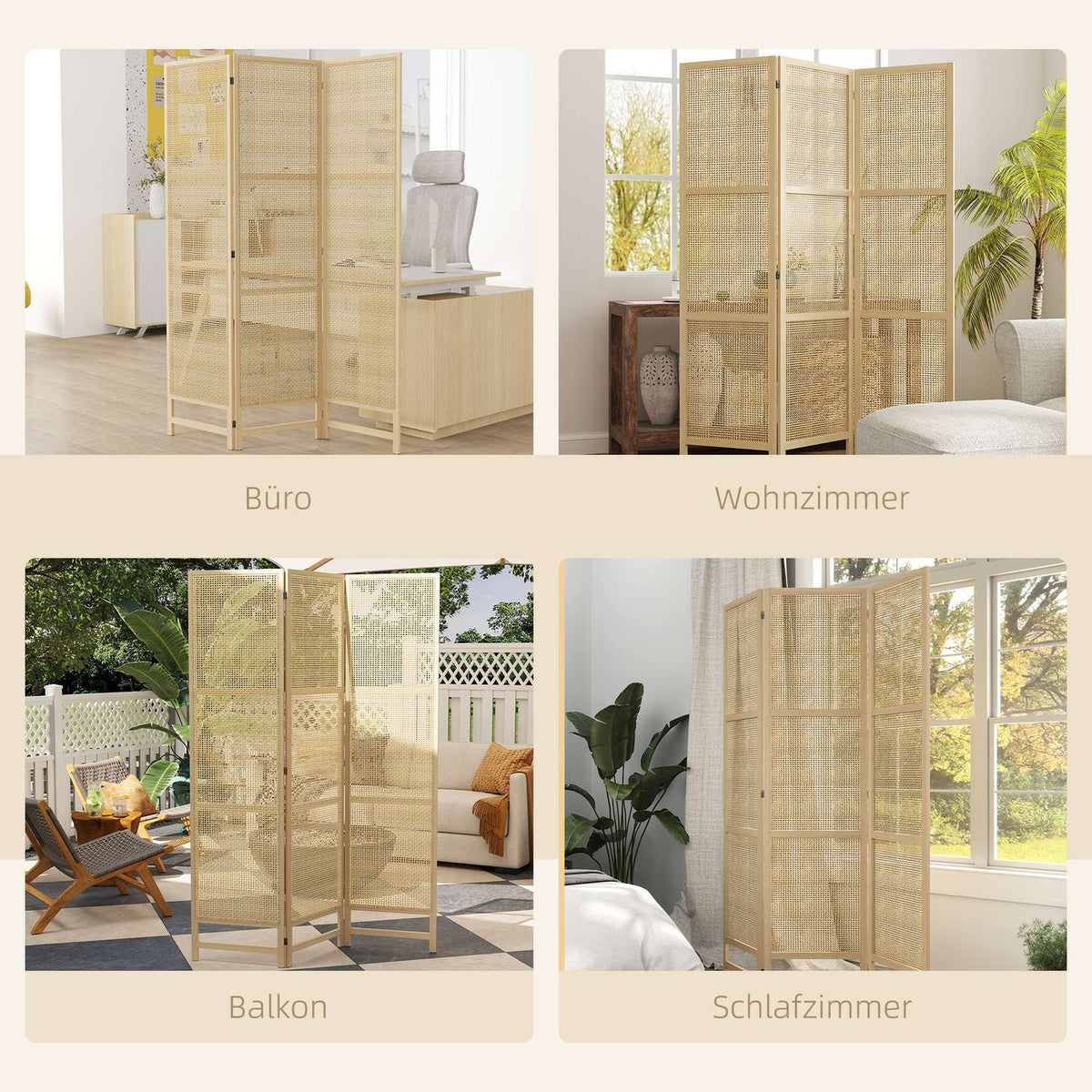 Screen 3-part 135 x 180 cm partition room divider made of PP rattan, foldable room divider, privacy screen for living room, natural