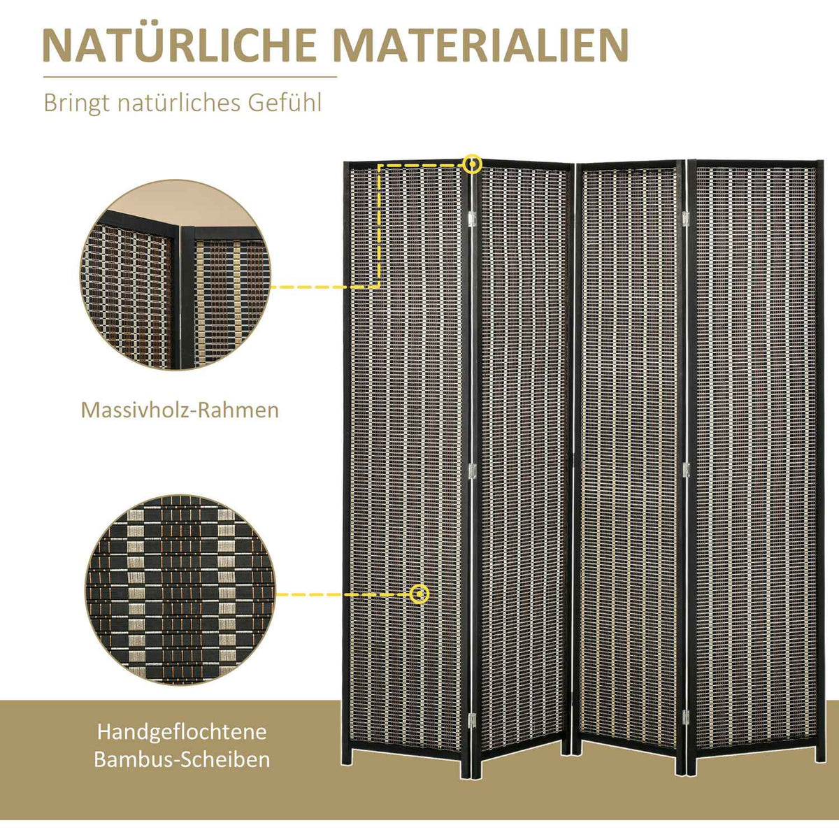 Screen 4-Piece 180 x 180 cm Room Divider Made of Bamboo Foldable Privacy Screen Room Divider for Living Room Brown