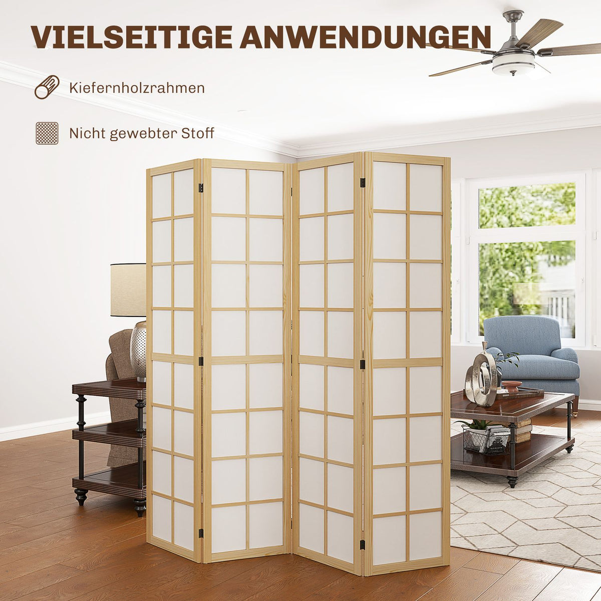Screen 4-part 160 x 170 cm partition room divider, foldable room divider, privacy screen for living room, natural