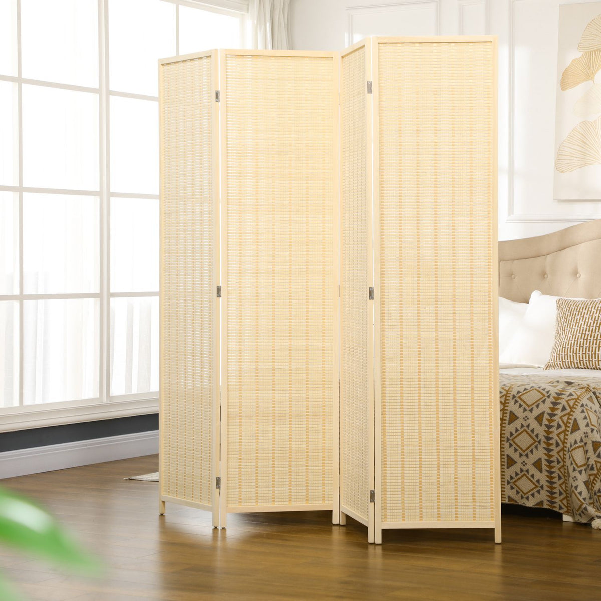 Screen 4-part 180 x 180 cm room divider made of bamboo, foldable privacy screen, room divider for living room, natural