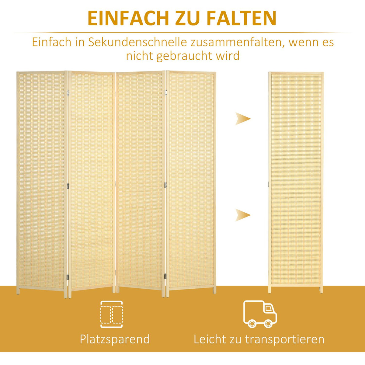 Screen 4-part 180 x 180 cm room divider made of bamboo, foldable privacy screen, room divider for living room, natural