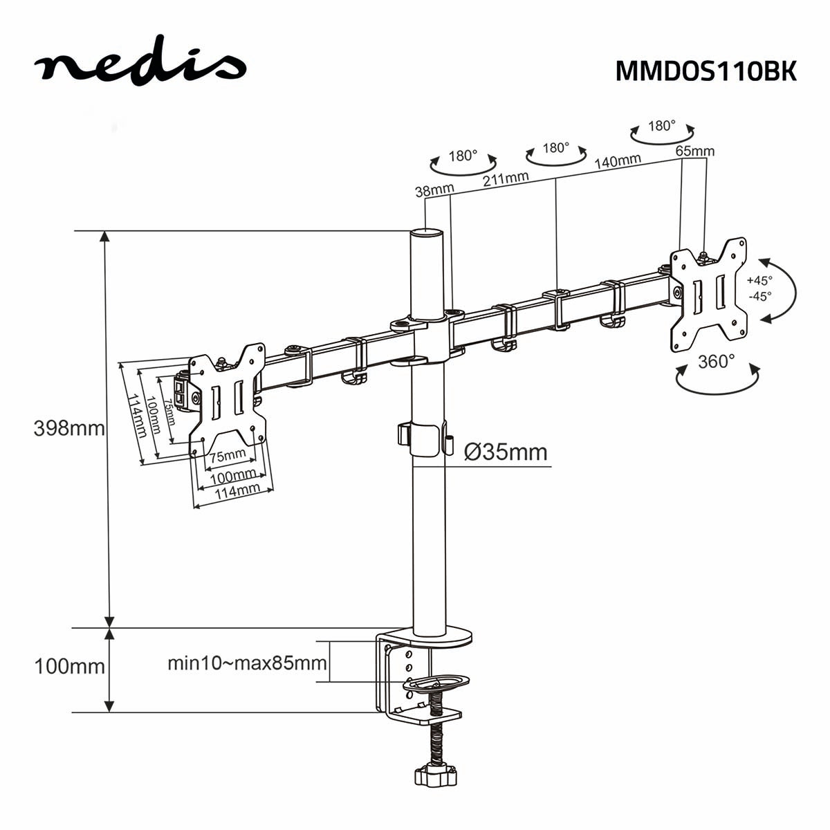 Screen Mount | 2 Screen(s) | 15 - 32 " | 75x75 / 100x100 | Fully adjustable