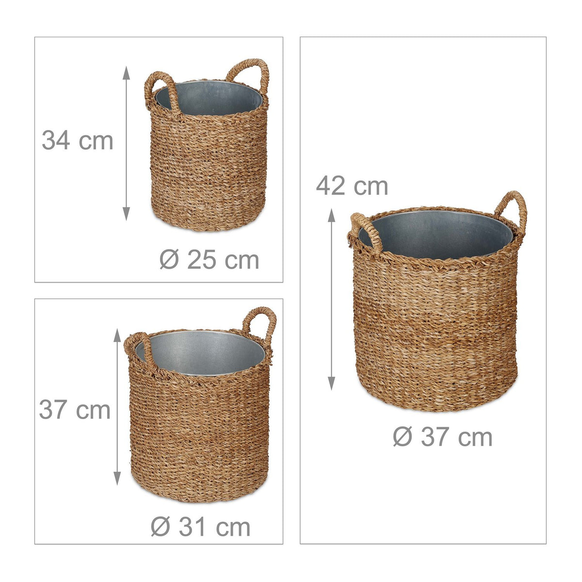 Seagrass Planting Baskets with Zinc Trays, Set of 3