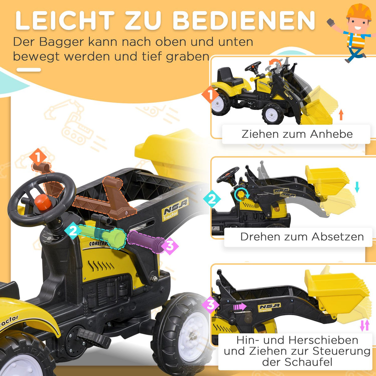 Seat Excavator Ride-On Excavator With Shovel For 3 Year Olds, Pedal Tractor, Ride-On Vehicle, 114X41X54Cm