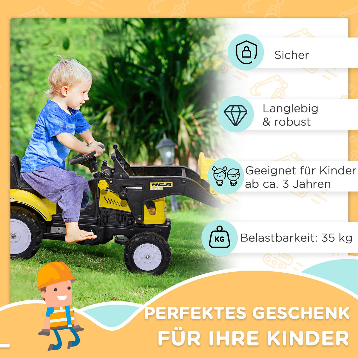 Seat Excavator Ride-On Excavator With Shovel For 3 Year Olds, Pedal Tractor, Ride-On Vehicle, 114X41X54Cm