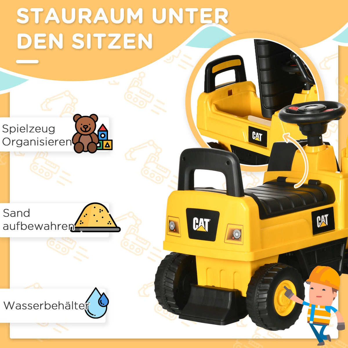Seat Excavator Ride-On Vehicle With Shovel & Horn, For Children From 12 Months, Yellow + Black, 85X27.5X47.5Cm