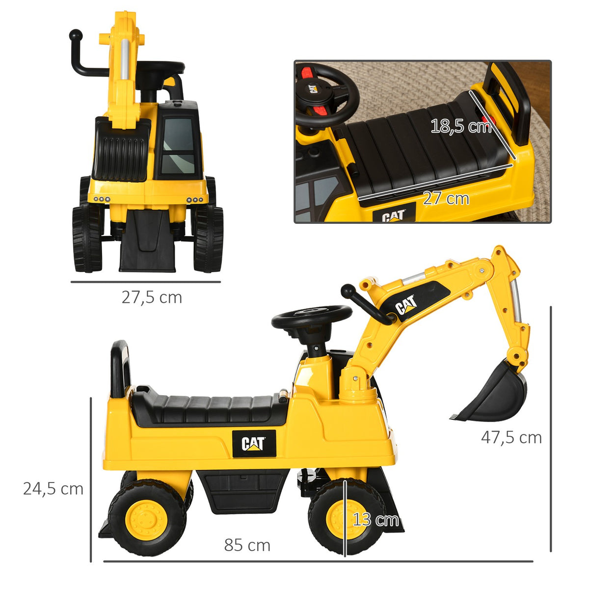 Seat Excavator Ride-On Vehicle With Shovel & Horn, For Children From 12 Months, Yellow + Black, 85X27.5X47.5Cm