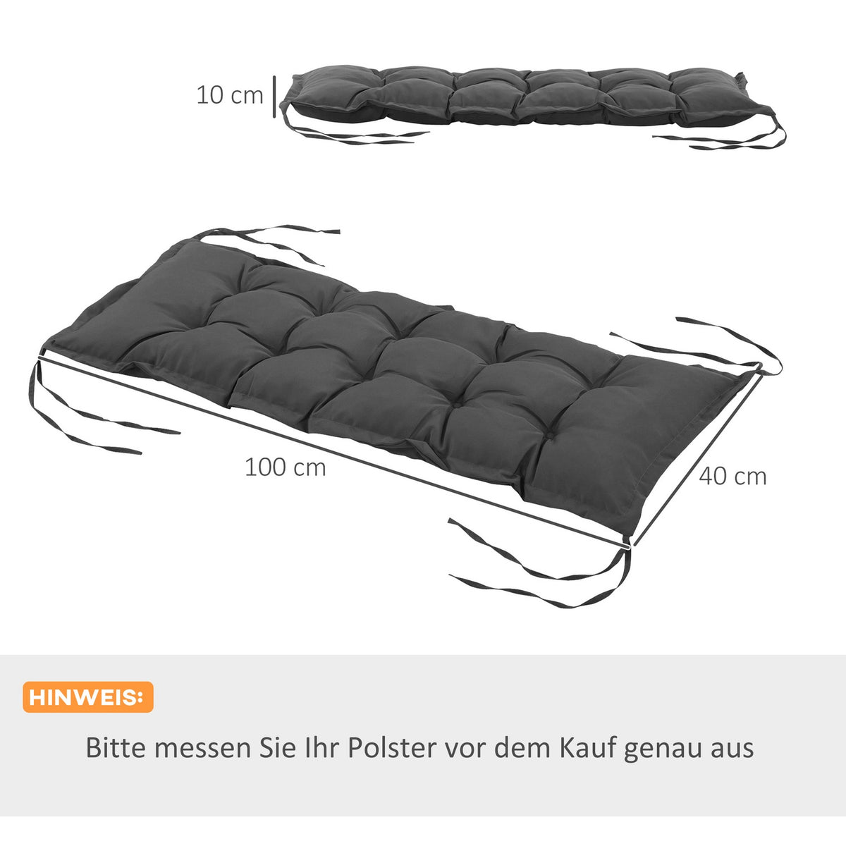 Seat cushion 100x40 cm chair cushion with ties, 10cm thick padding, washable seat cushion for home, garden, sofa, chairs, dark gray