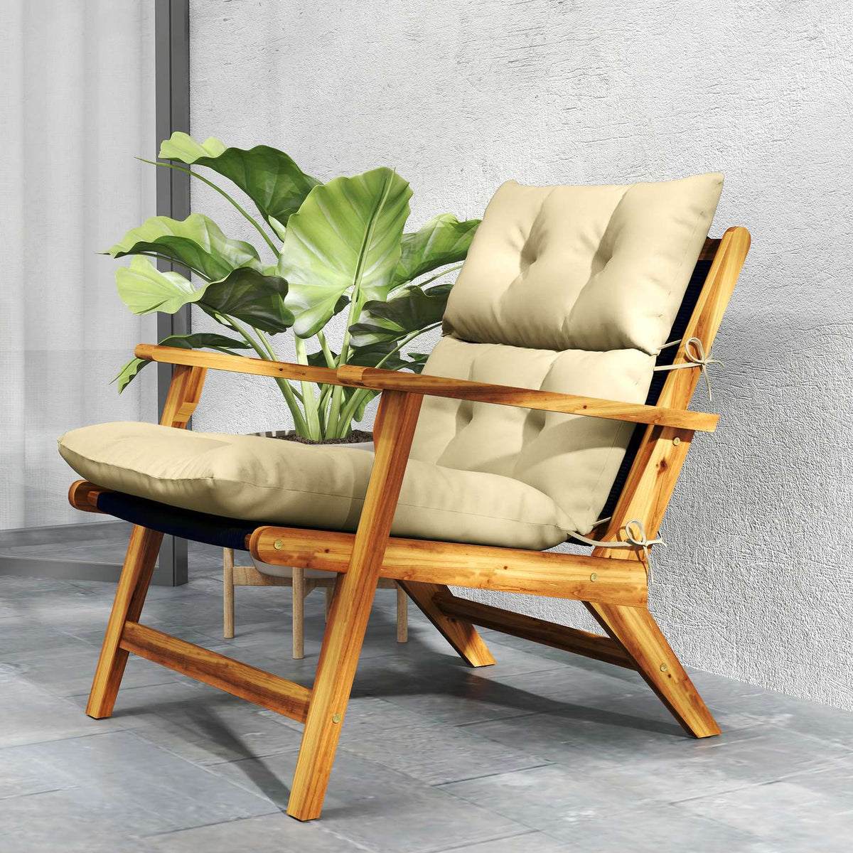 Seat cushion, 115x56 cm chair cushion with ties, backrest, 10cm thick padding, water-repellent seat cushion for home, garden, office, chairs, beige