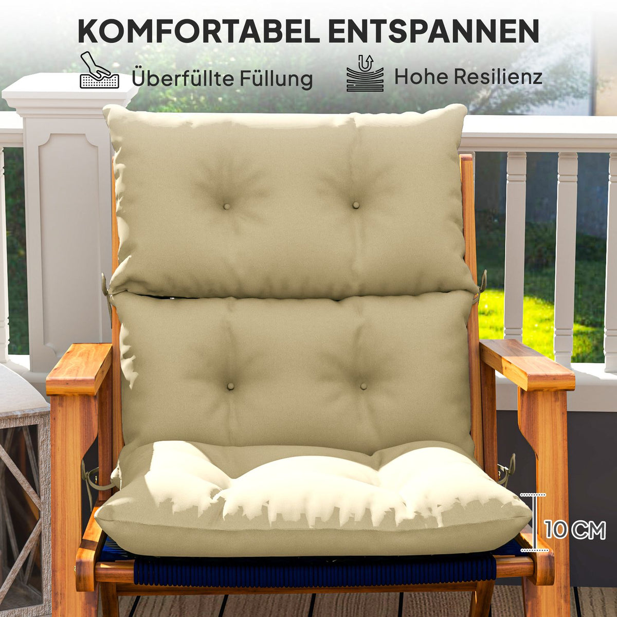 Seat cushion, 115x56 cm chair cushion with ties, backrest, 10cm thick padding, water-repellent seat cushion for home, garden, office, chairs, beige