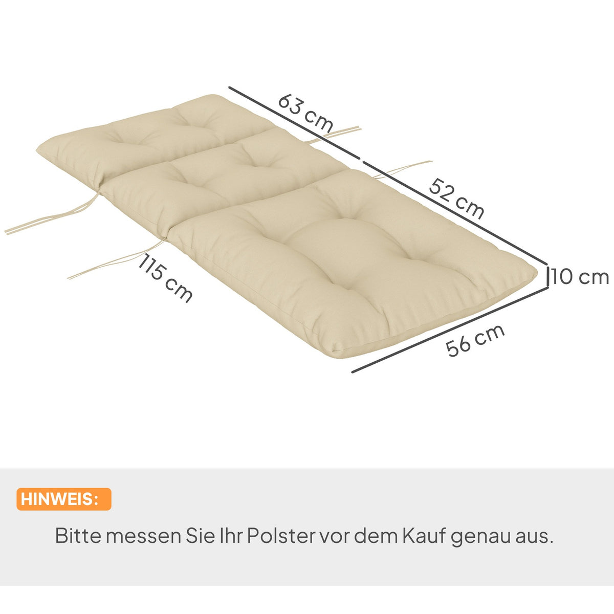 Seat cushion, 115x56 cm chair cushion with ties, backrest, 10cm thick padding, water-repellent seat cushion for home, garden, office, chairs, beige