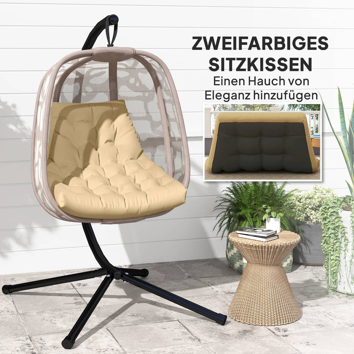 Seat cushion, 120x100 cm chair cushion with backrest, 8cm thick cushion cover, water-repellent seat cushion for rocking chairs and hanging baskets, beige