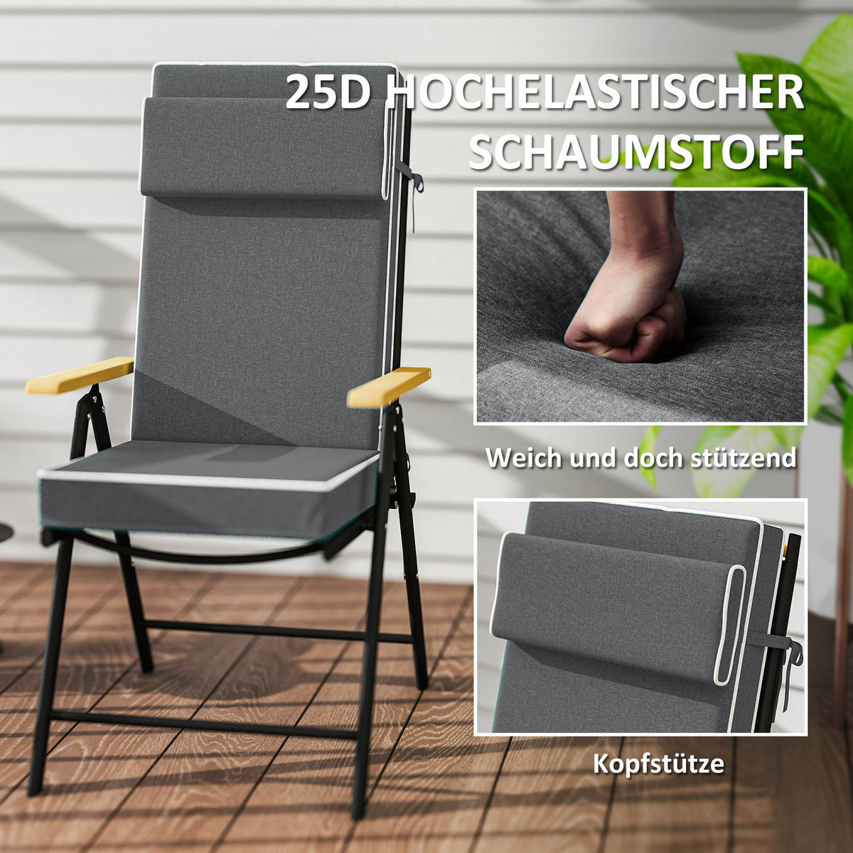 Seat cushion 120 x 47 x 9.5 cm water-repellent chair cushion with ties, headrest, UPF50+ outdoor indoor seat pad, seat pad for folding chair, dining chair, dark gray