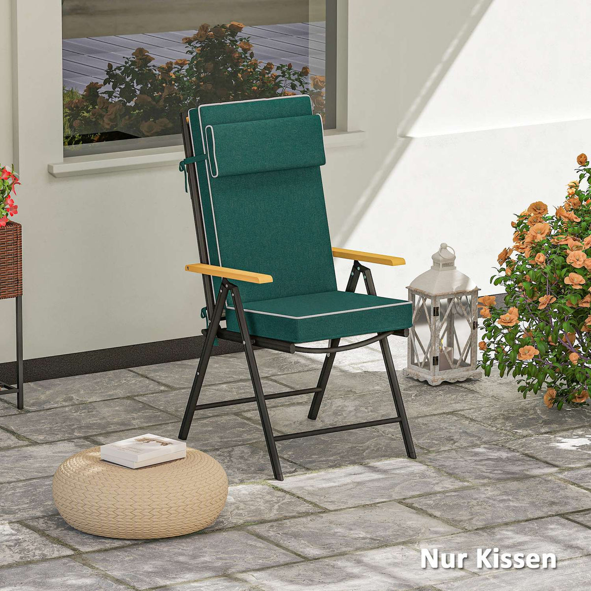 Seat cushion 120 x 47 x 9.5 cm water-repellent chair cushion with ties, headrest, UPF50+ outdoor indoor seat pad, seat pad for folding chair, dining chair, green