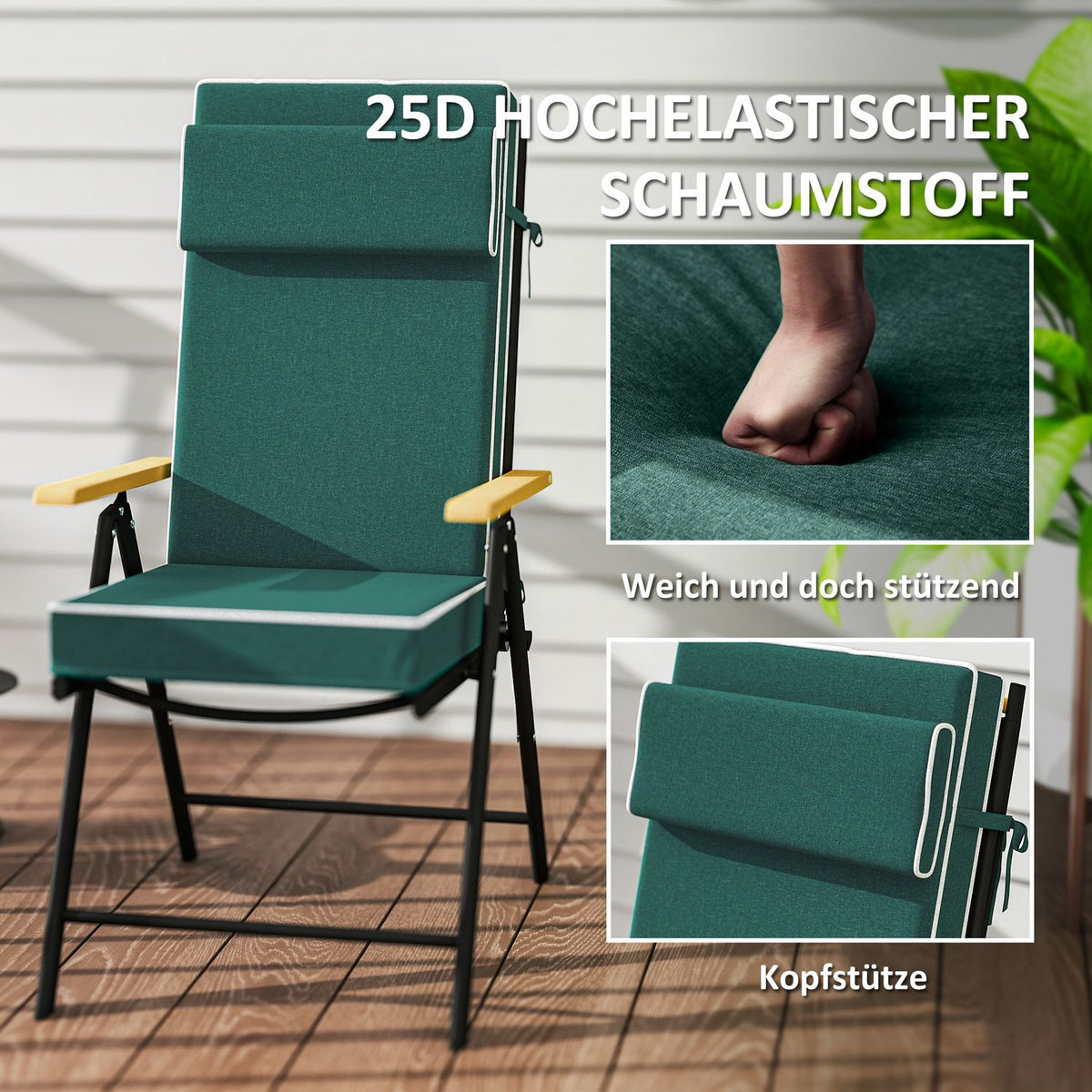 Seat cushion 120 x 47 x 9.5 cm water-repellent chair cushion with ties, headrest, UPF50+ outdoor indoor seat pad, seat pad for folding chair, dining chair, green