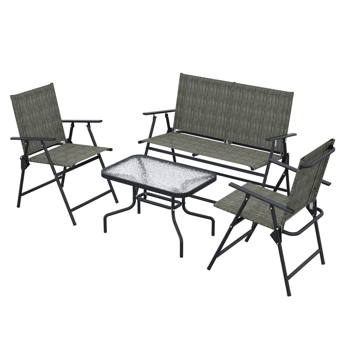 Seating Group, 4-Piece Garden Furniture Set, Folding Seating Set Including 1 Table, 2 Chairs, 1 Two-Seater, Balcony Furniture Set, Metal, Brown