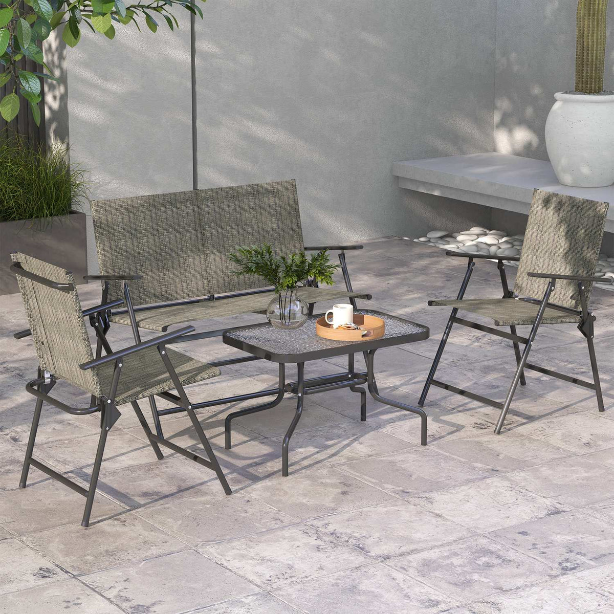 Seating Group, 4-Piece Garden Furniture Set, Folding Seating Set Including 1 Table, 2 Chairs, 1 Two-Seater, Balcony Furniture Set, Metal, Brown