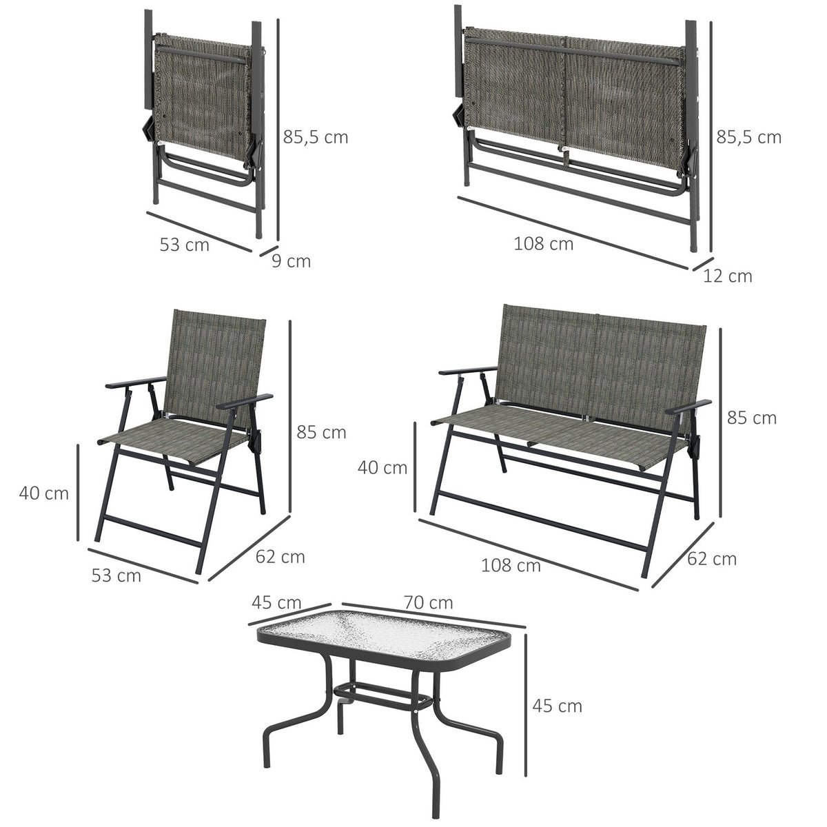 Seating Group, 4-Piece Garden Furniture Set, Folding Seating Set Including 1 Table, 2 Chairs, 1 Two-Seater, Balcony Furniture Set, Metal, Brown