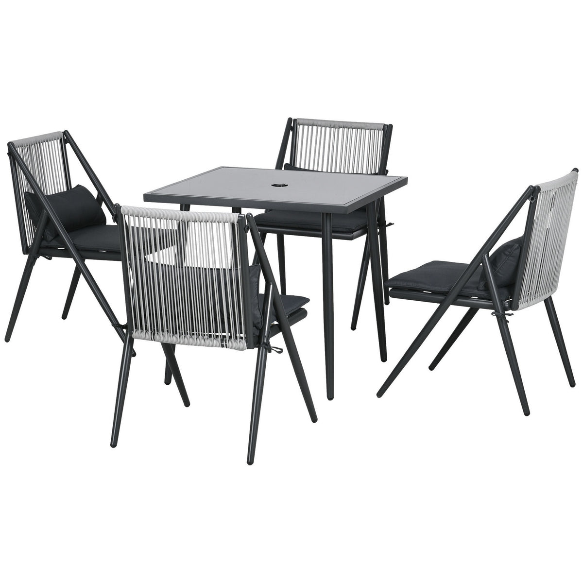 Seating Group 5-Piece Garden Furniture Set, Balcony Furniture Set With 1 Table, 4 Chairs, Garden Furniture With Umbrella Hole, Polyester, Dark Gray