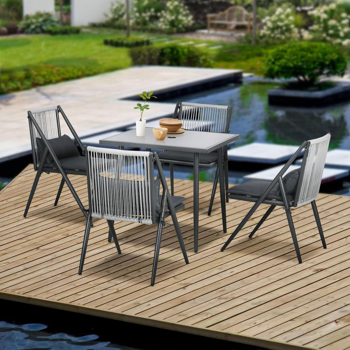 Seating Group 5-Piece Garden Furniture Set, Balcony Furniture Set With 1 Table, 4 Chairs, Garden Furniture With Umbrella Hole, Polyester, Dark Gray