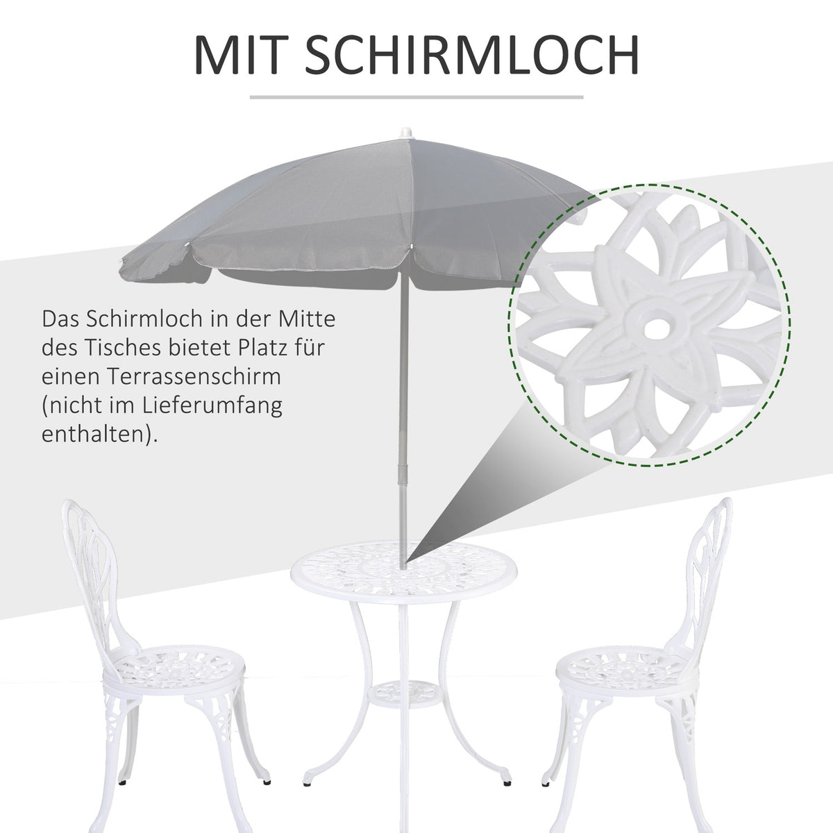 Seating Group For 2 People Dining Group Garden Furniture Set 1 Table + 2 Chairs With Umbrella Hole Aluminum White