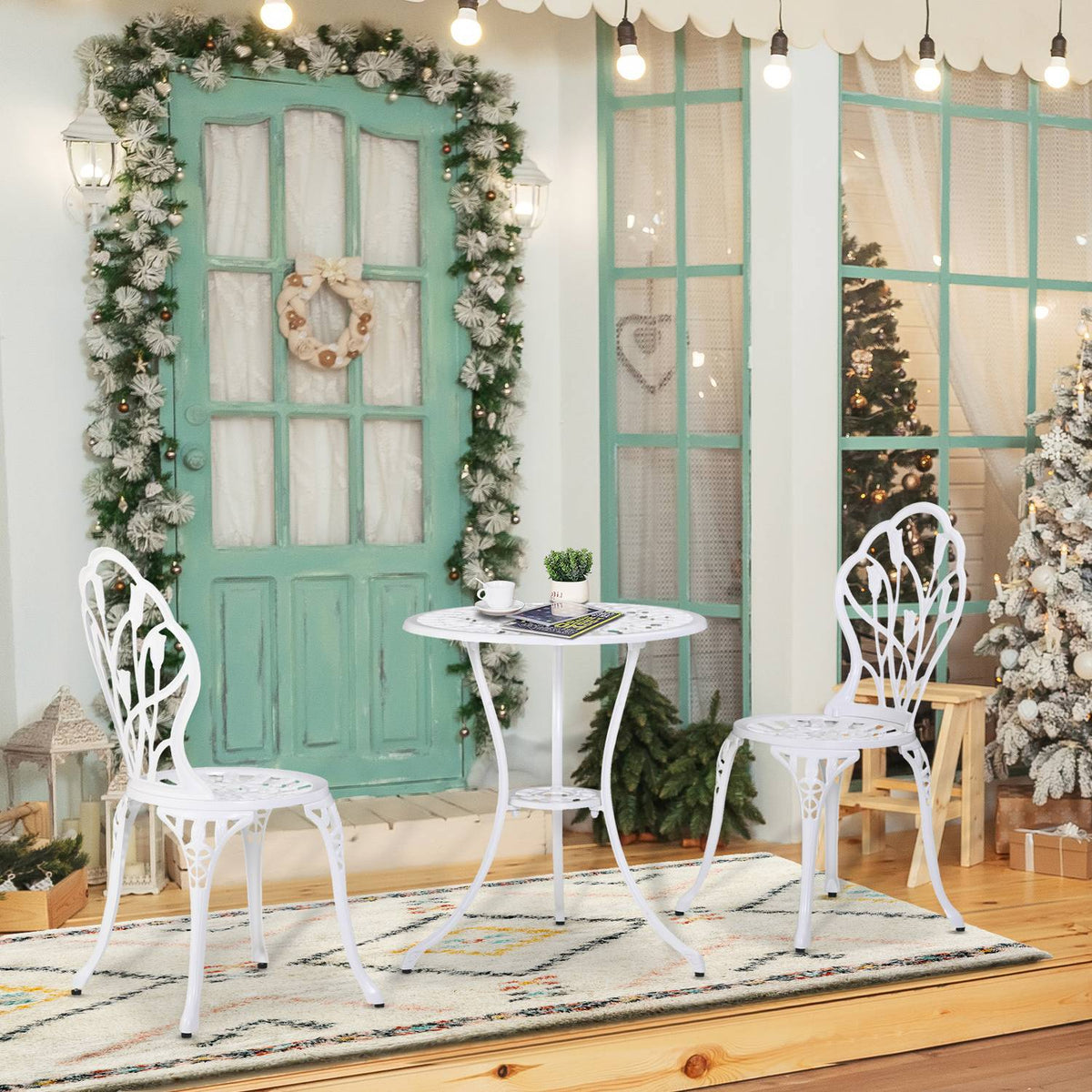 Seating Group For 2 People Dining Group Garden Furniture Set 1 Table + 2 Chairs With Umbrella Hole Aluminum White