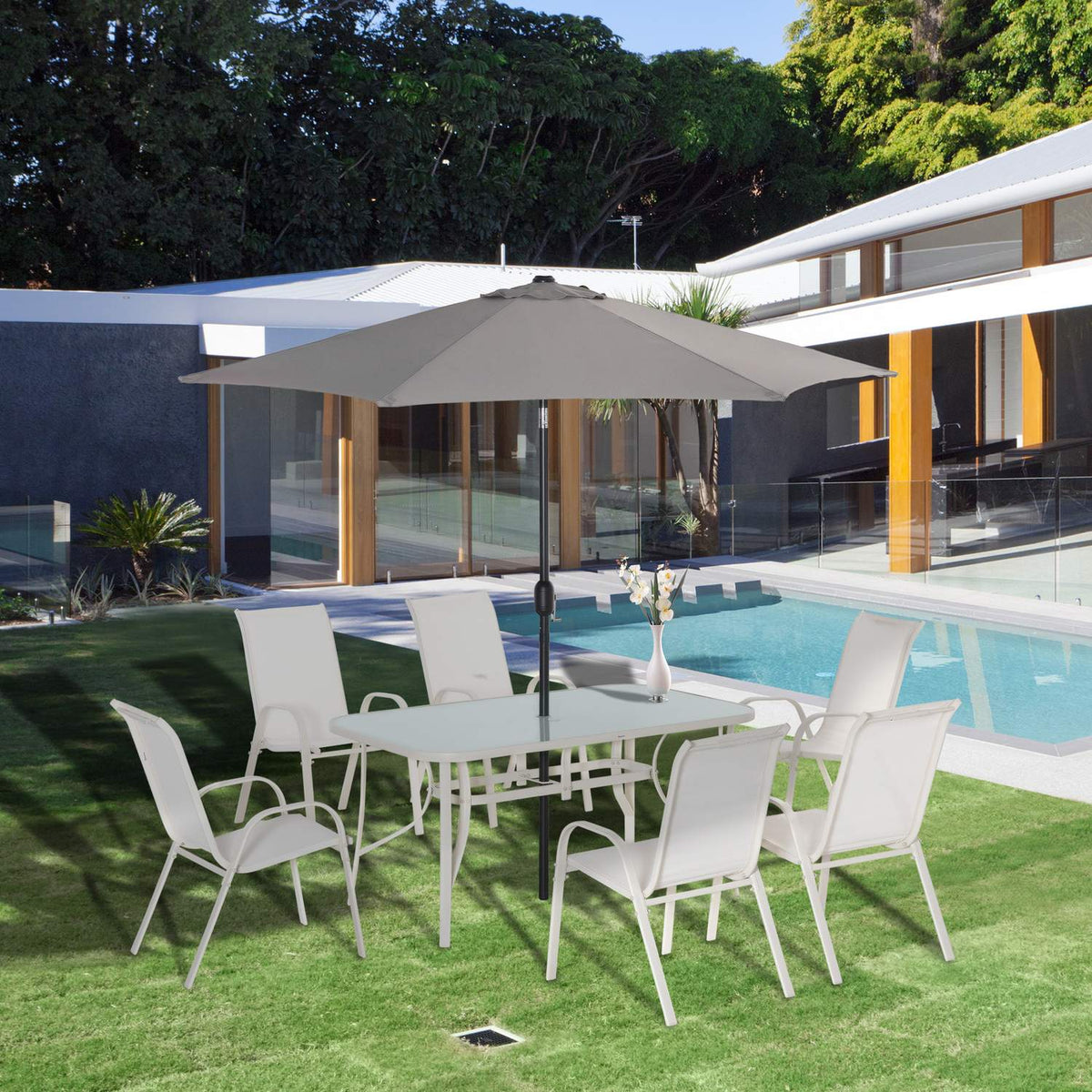 Seating Group For 6 People Dining Group With Parasol Garden Furniture Set Aluminum Cream White + Light Gray