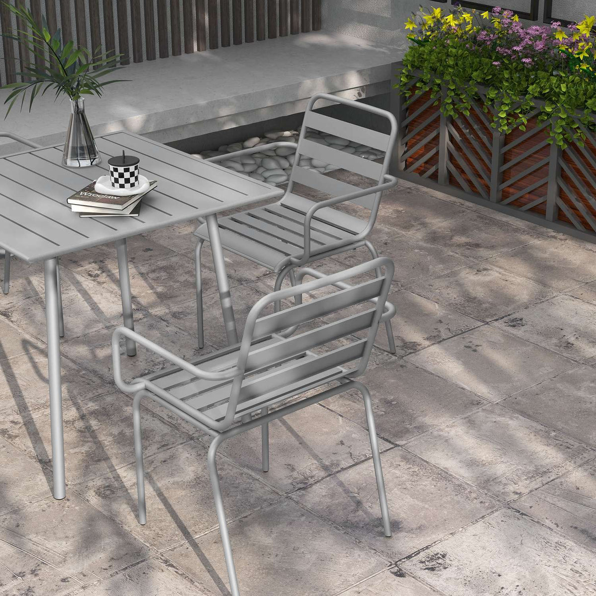 Seating Group Garden Furniture Set Dining Table 4 Stackable Chairs Garden Set Steel Light Gray