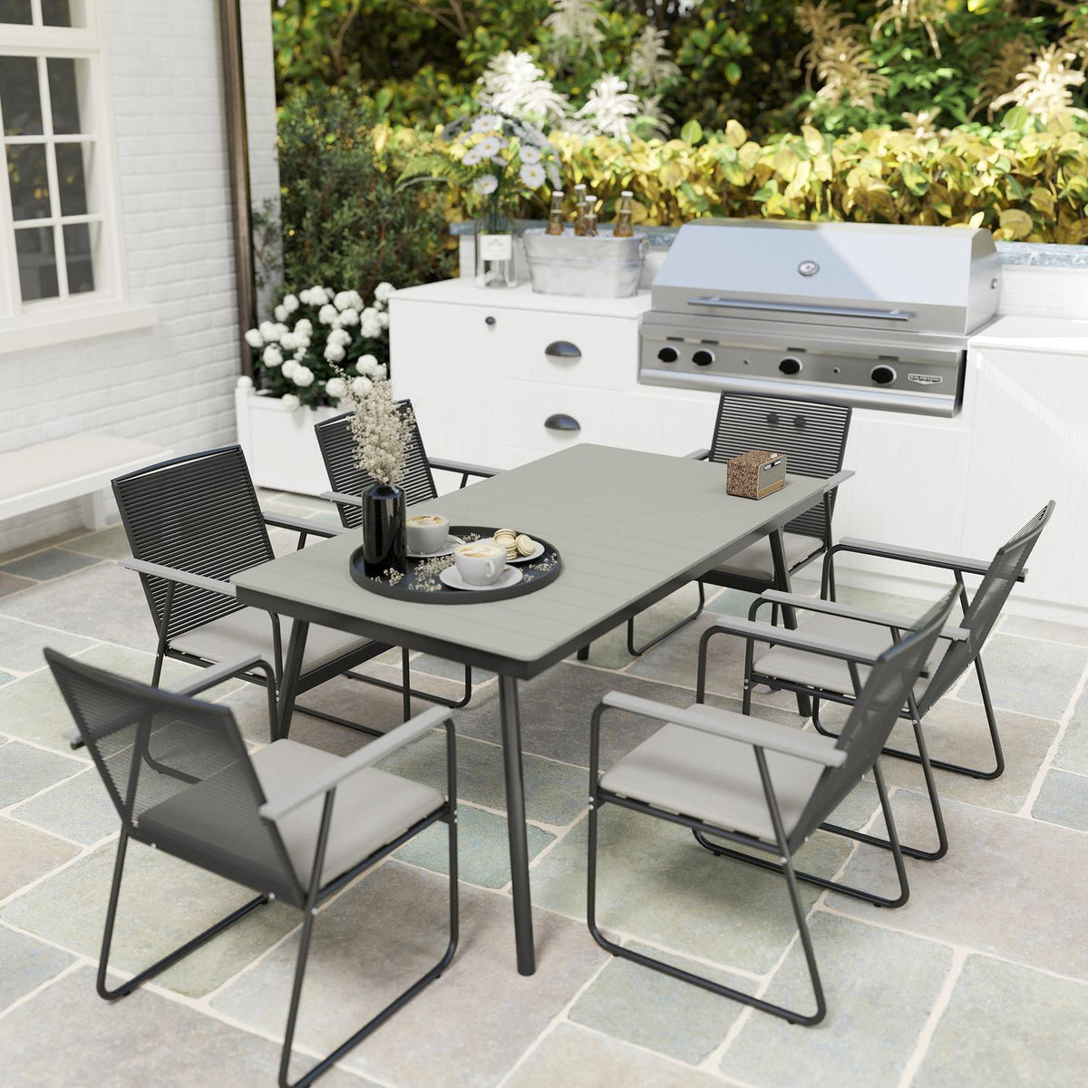 Seating group 7-piece metal dining group for 6 people Dining table with table 6 chairs Dining room group Kitchen table set with metal frame Balcony furniture Garden furniture for terrace, balcony Gray