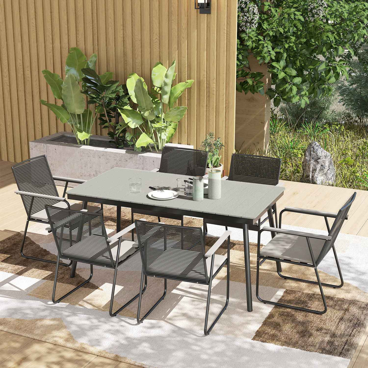 Seating group 7-piece metal dining group for 6 people Dining table with table 6 chairs Dining room group Kitchen table set with metal frame Balcony furniture Garden furniture for terrace, balcony Gray