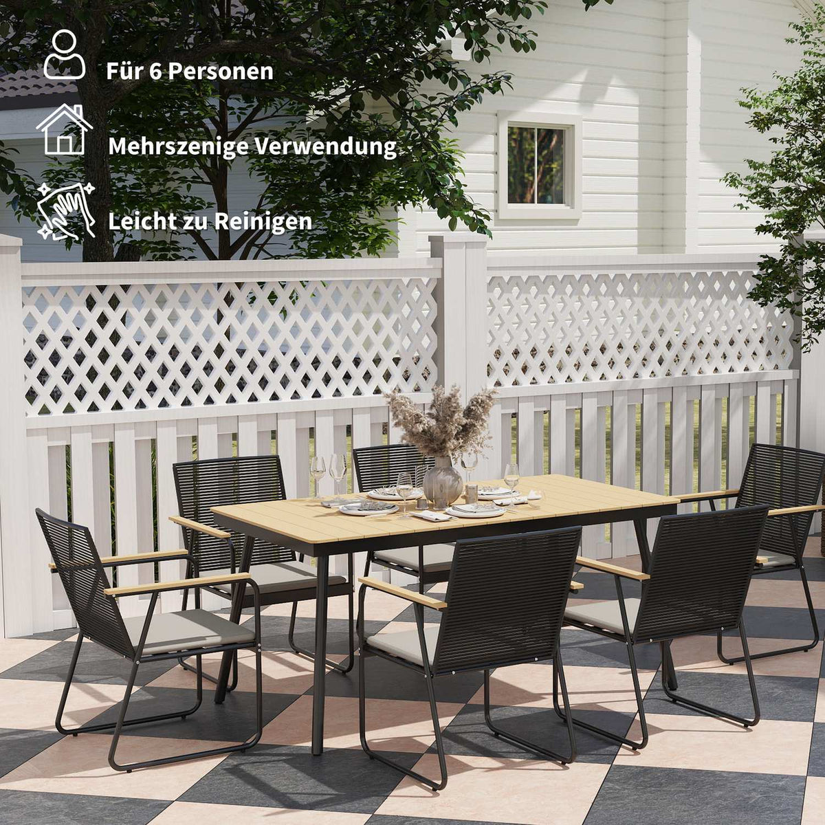 Seating group 7-piece metal dining group for 6 people Dining table with table 6 chairs Dining room group Kitchen table set with metal frame Balcony furniture Garden furniture for terrace, balcony Natural wood