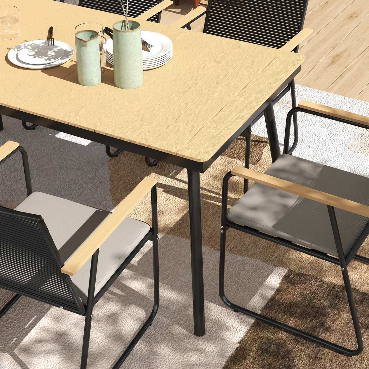 Seating group 7-piece metal dining group for 6 people Dining table with table 6 chairs Dining room group Kitchen table set with metal frame Balcony furniture Garden furniture for terrace, balcony Natural wood