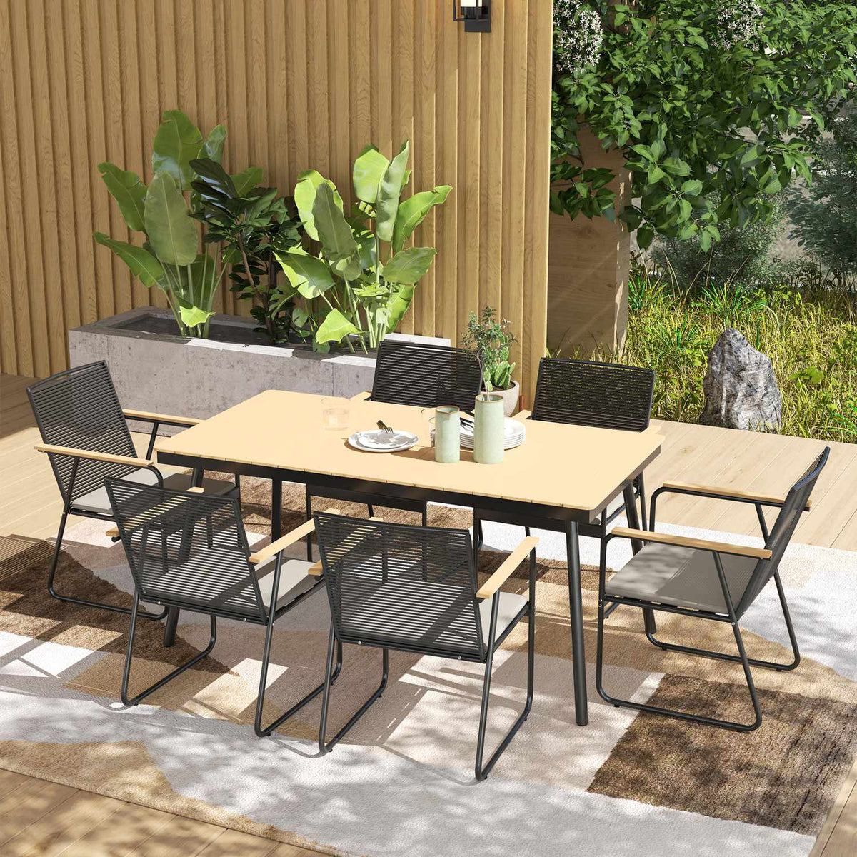 Seating group 7-piece metal dining group for 6 people Dining table with table 6 chairs Dining room group Kitchen table set with metal frame Balcony furniture Garden furniture for terrace, balcony Natural wood