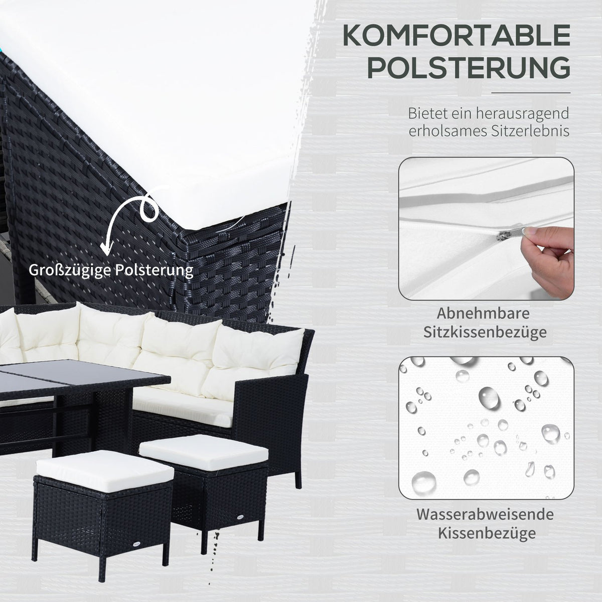 Seating set for 7 people garden set seating group polyrattan black cream white for garden terrace balcony