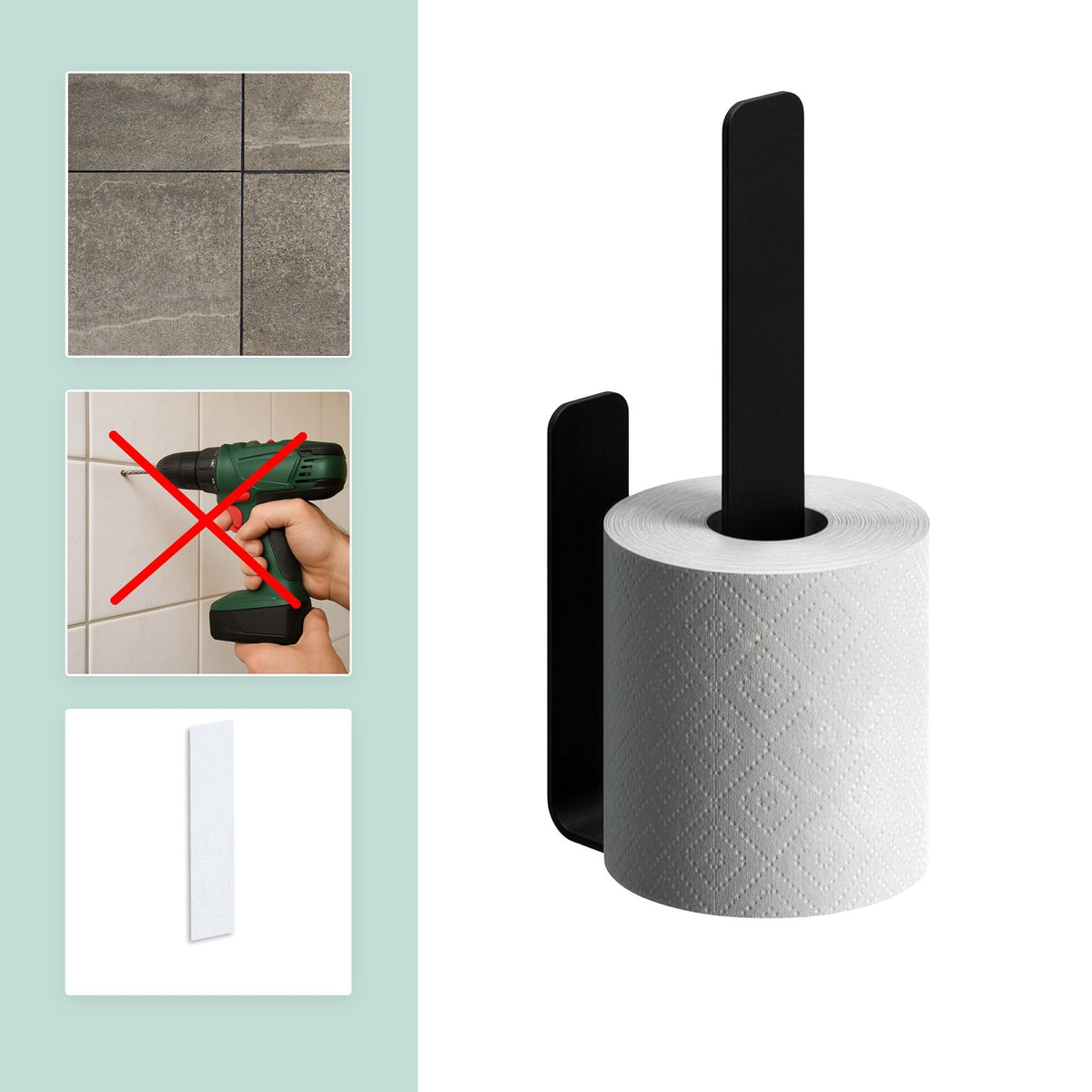 Self-Adhesive Toilet Roll Holder, Matte Black, Holds 2 Rolls