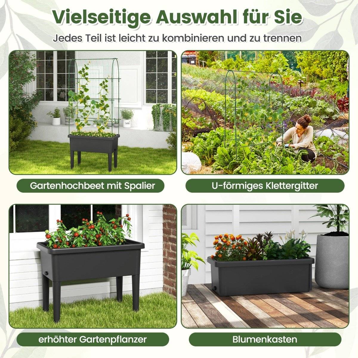 Self-watering raised bed with trellis & water level indicator & drainage holes