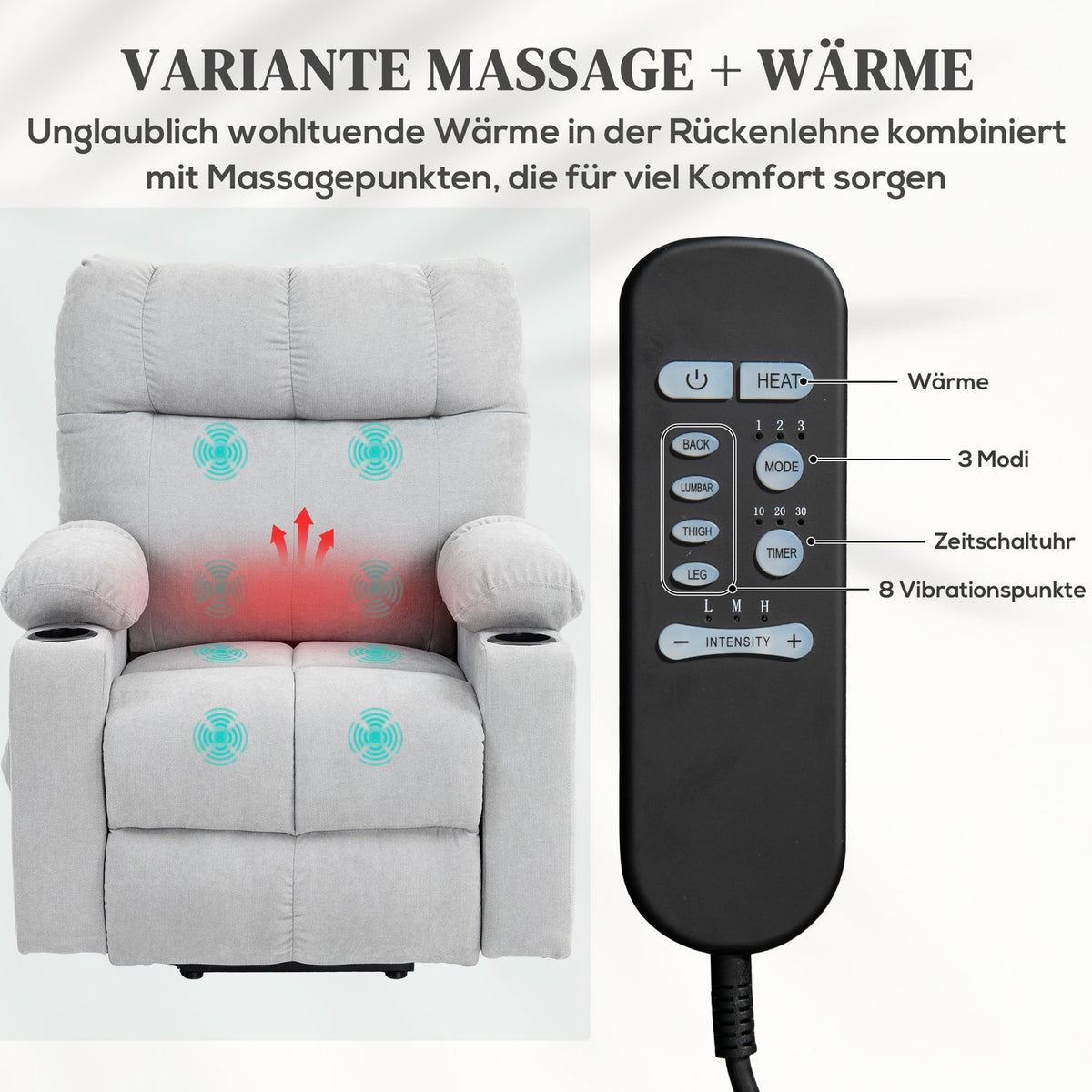 Senior chair with stand-up aid, electric, with 3 modes, 8 massage points, heating function, foam, 91 x 95 x 109 cm, light gray