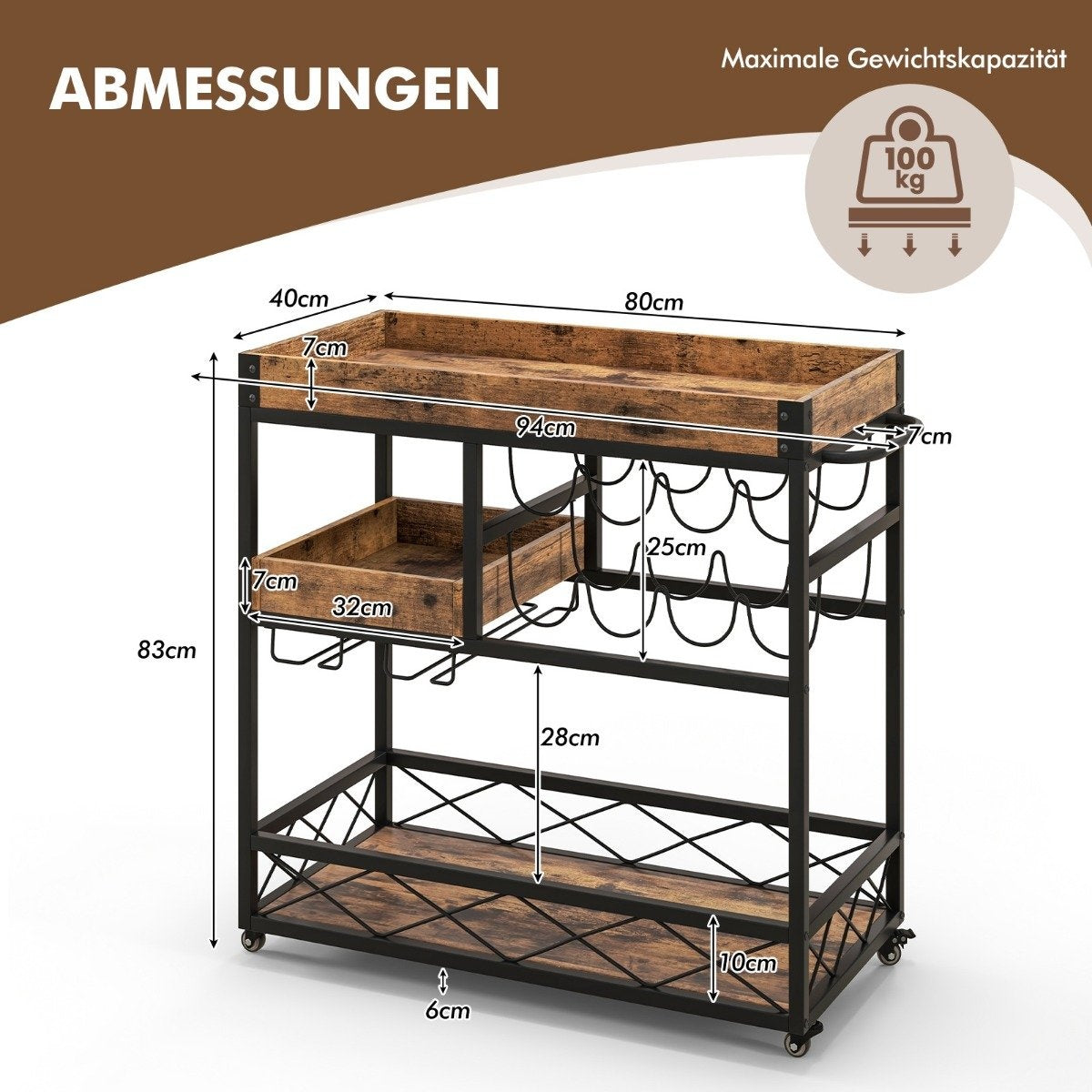 Serving Trolley 3 Tier Rolling Bar Trolley with Removable Tray 80 x 40 x 83 cm Rustic Brown