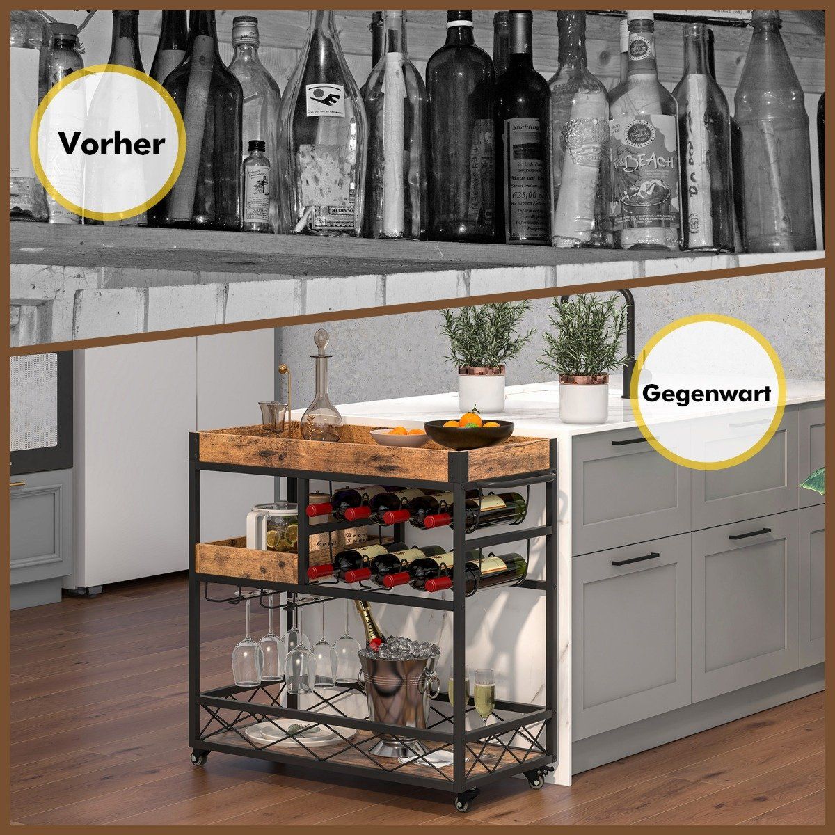 Serving Trolley 3 Tier Rolling Bar Trolley with Removable Tray 80 x 40 x 83 cm Rustic Brown