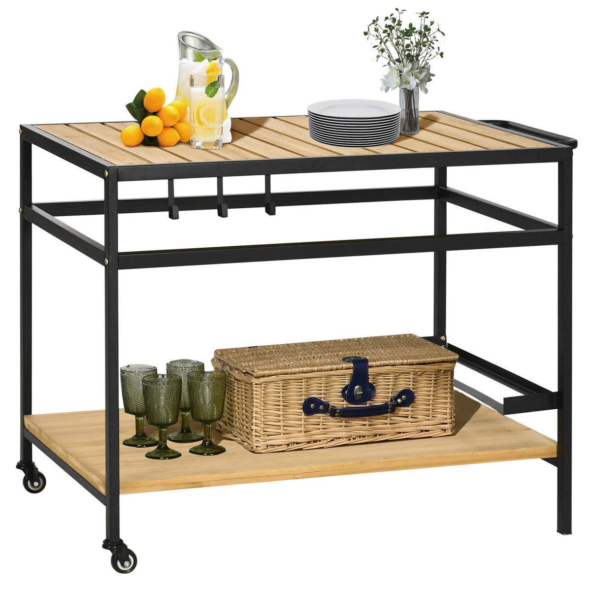 Serving Trolley, Barbecue Trolley With 2 Shelves, Kitchen Trolley With Hooks, Outdoor Multifunctional Table With Wheels, Natural, 107 X 65 X 80Cm