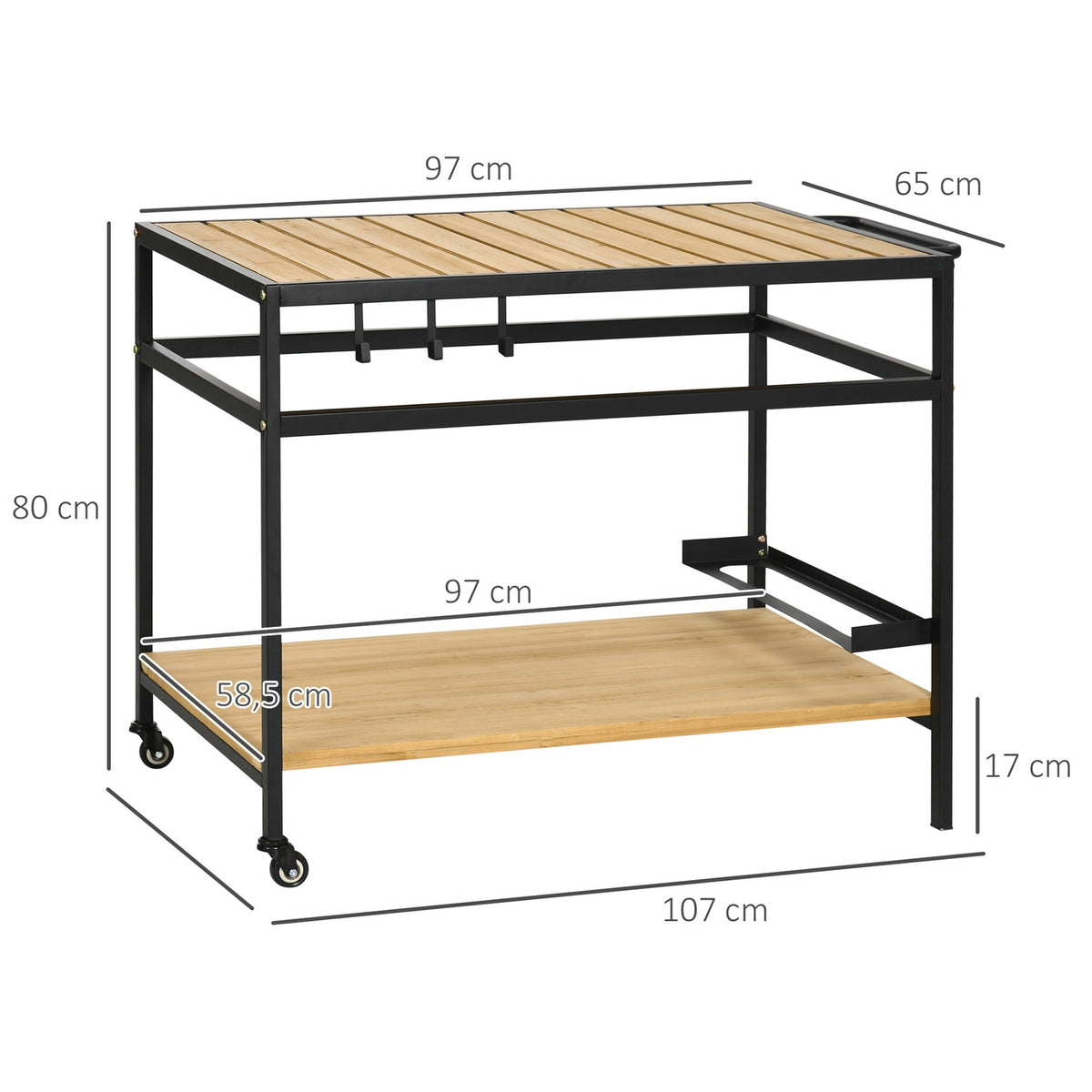Serving Trolley, Barbecue Trolley With 2 Shelves, Kitchen Trolley With Hooks, Outdoor Multifunctional Table With Wheels, Natural, 107 X 65 X 80Cm