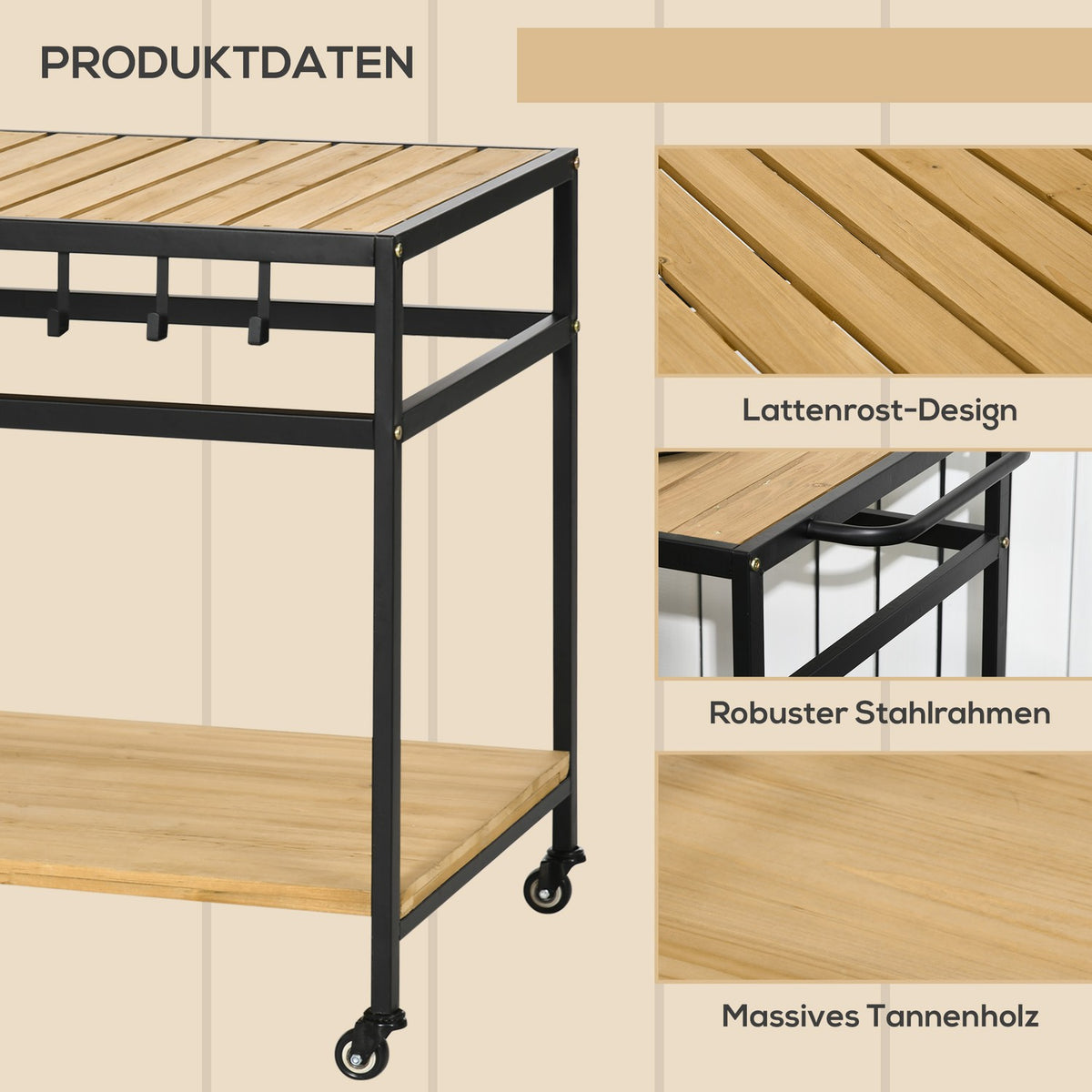 Serving Trolley, Barbecue Trolley With 2 Shelves, Kitchen Trolley With Hooks, Outdoor Multifunctional Table With Wheels, Natural, 107 X 65 X 80Cm