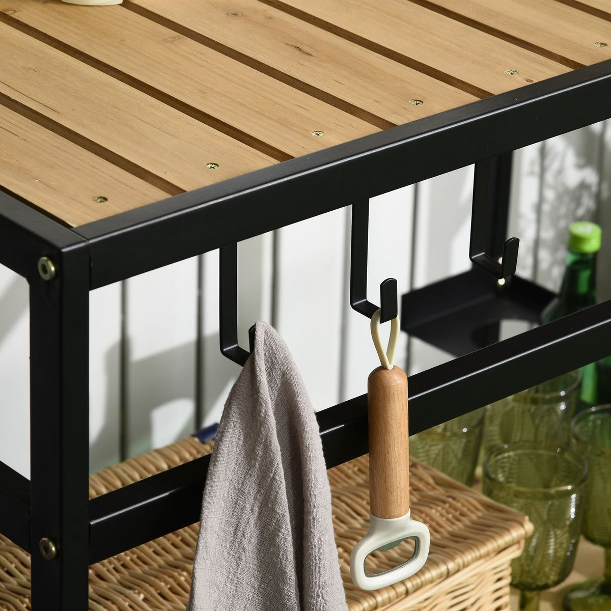 Serving Trolley, Barbecue Trolley With 2 Shelves, Kitchen Trolley With Hooks, Outdoor Multifunctional Table With Wheels, Natural, 107 X 65 X 80Cm