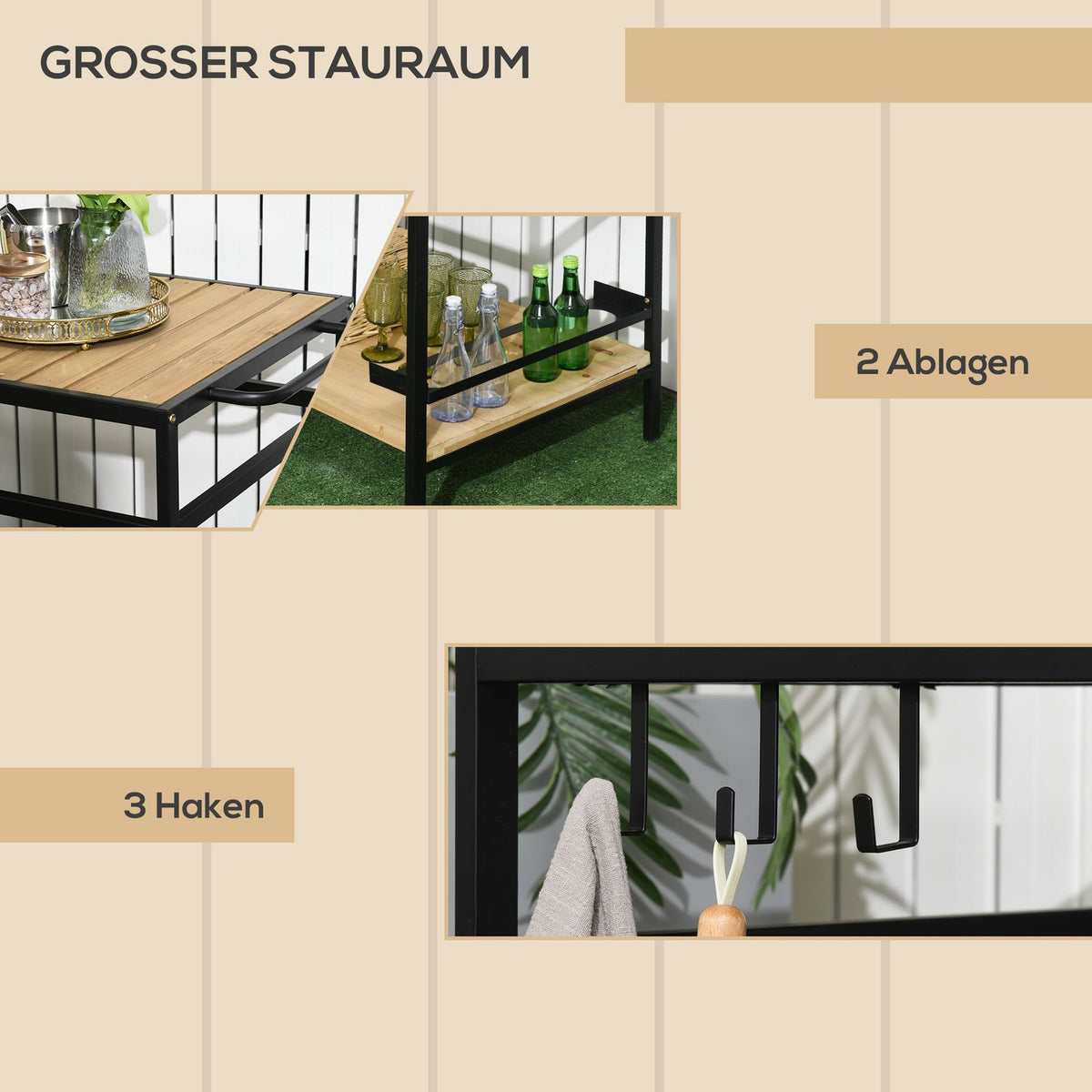 Serving Trolley, Barbecue Trolley With 2 Shelves, Kitchen Trolley With Hooks, Outdoor Multifunctional Table With Wheels, Natural, 107 X 65 X 80Cm