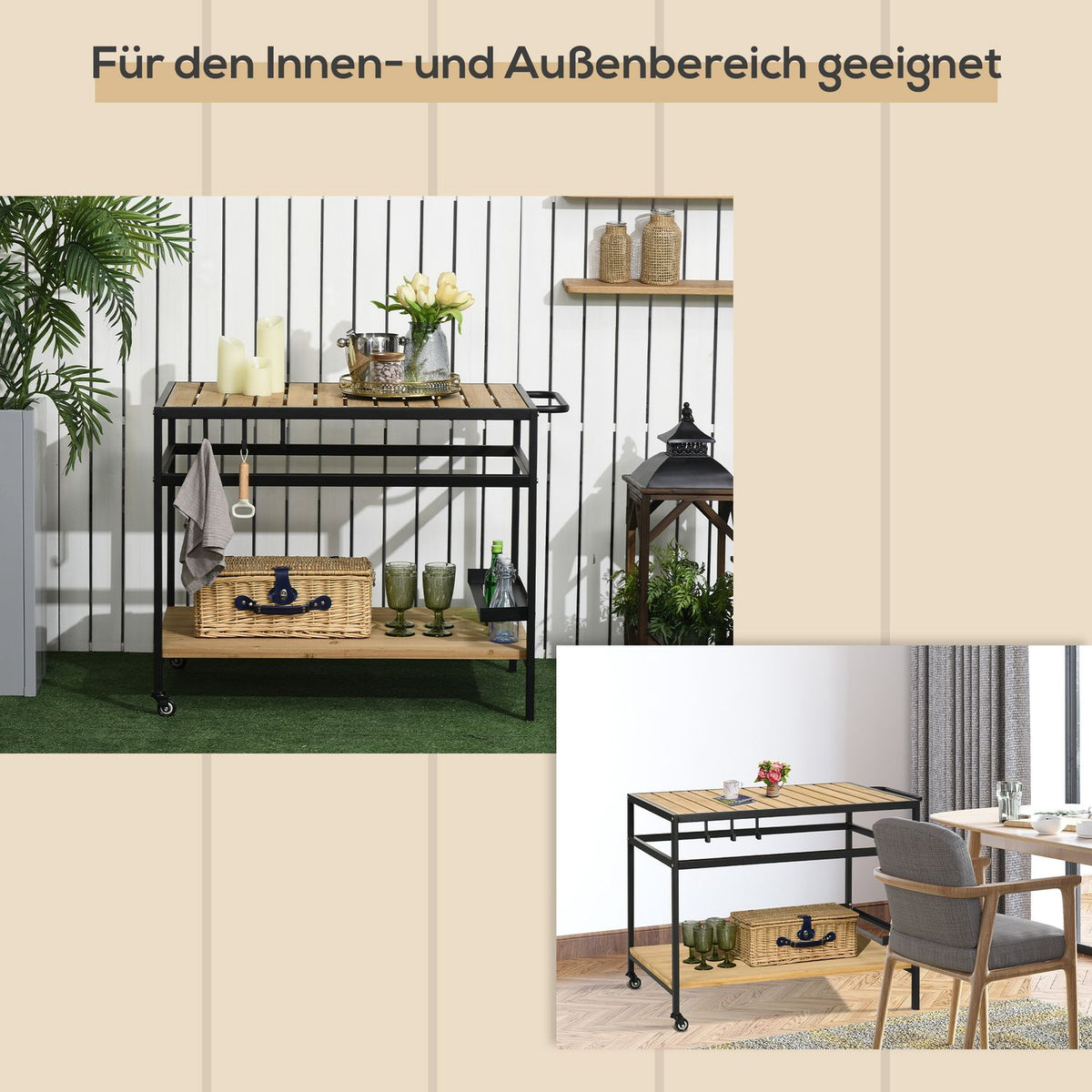 Serving Trolley, Barbecue Trolley With 2 Shelves, Kitchen Trolley With Hooks, Outdoor Multifunctional Table With Wheels, Natural, 107 X 65 X 80Cm