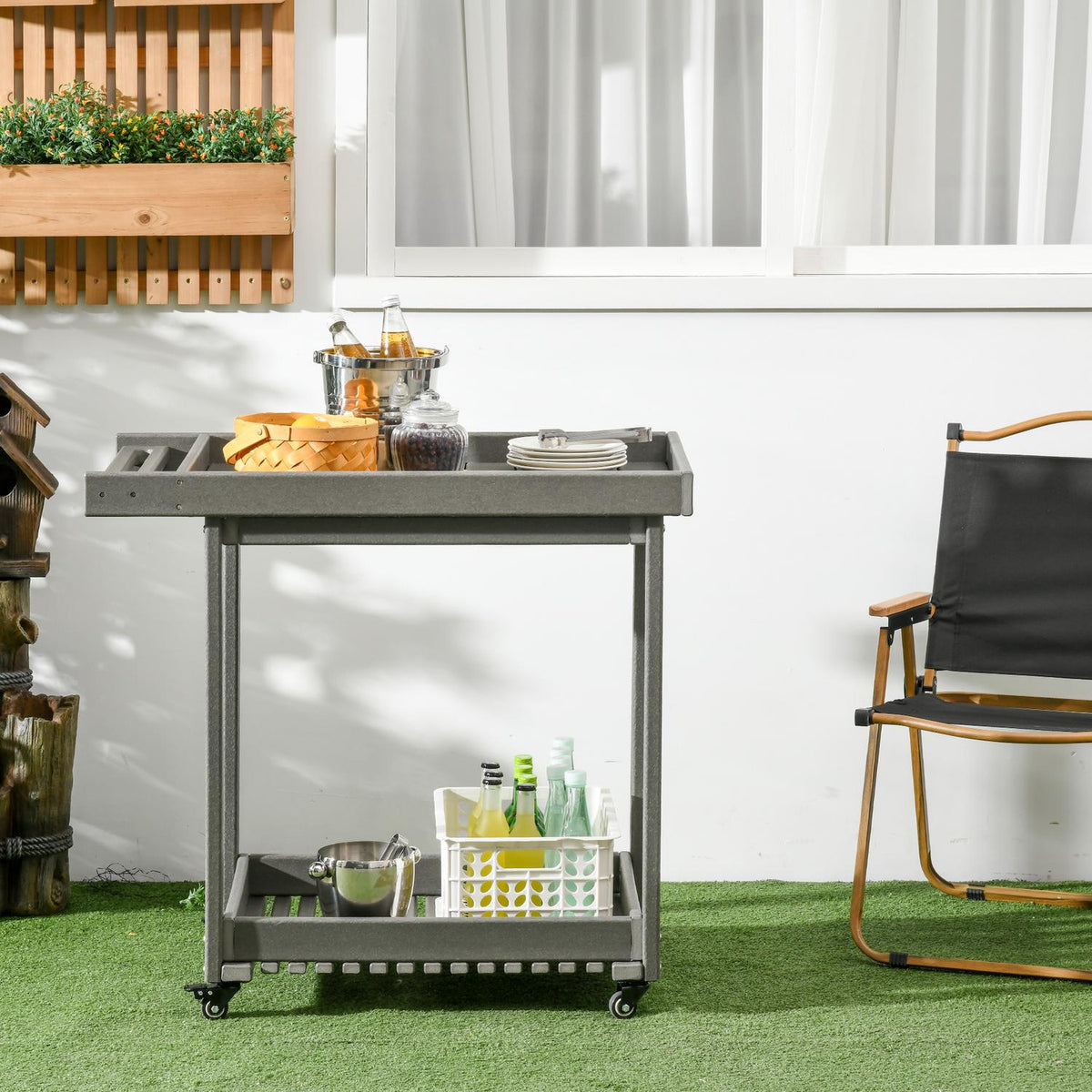 Serving Trolley Barbecue Trolley With Towel Rack, Garden Trolley With 2 Shelves, Outdoor Multifunctional Table, 87X50X80Cm
